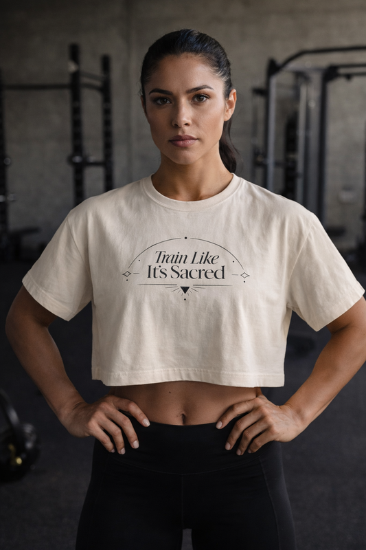 Train Like It’s Sacred Women’s Boxy Tee — Inspirational Fitness Graphic Crop Top