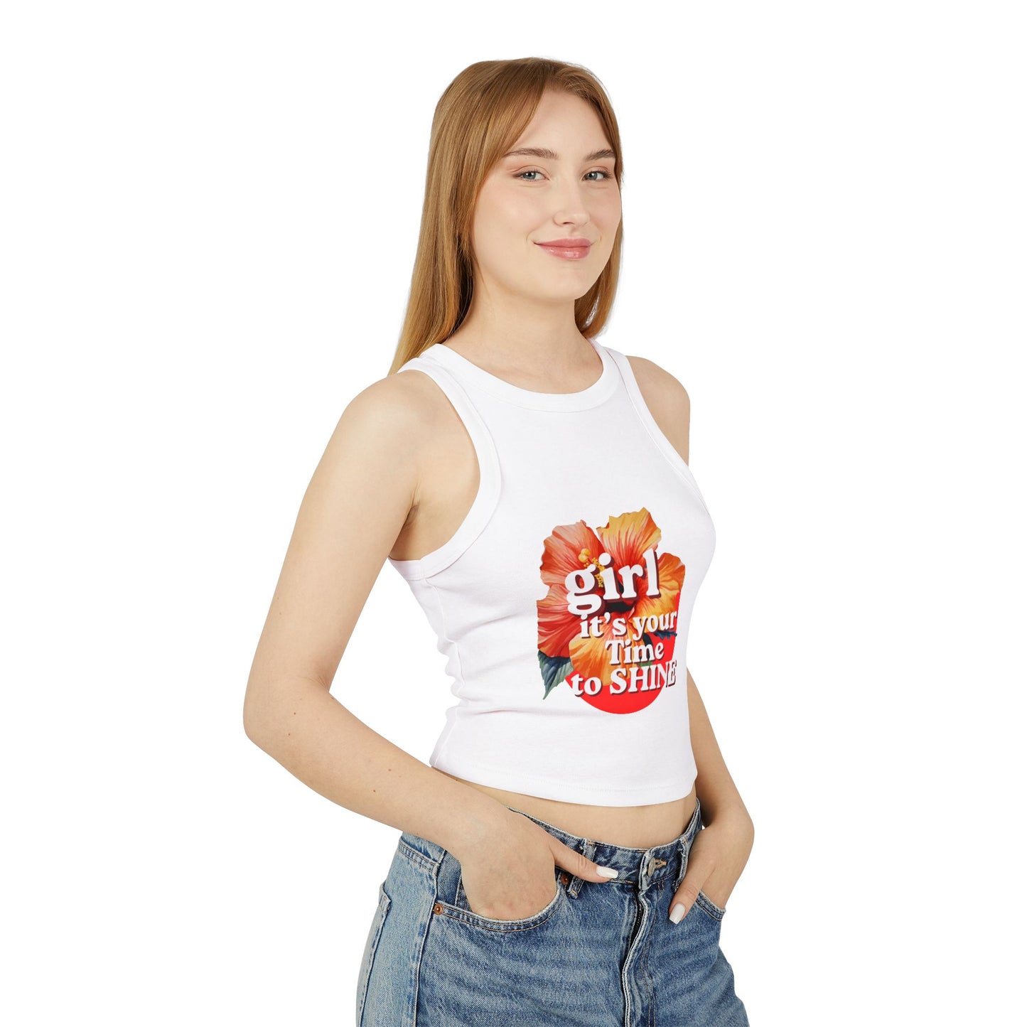 Women’s Racer Tank — Floral “Girl It’s Your Time to Shine” Crop Top
